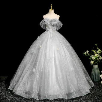 Elegante Grau Perlenstickerei Pailletten Applikationen Quaste Ballkleider 2025 Ballkleid Off Shoulder Kurze Ärmel Rückenfreies Lange Tülle Festliche Kleider