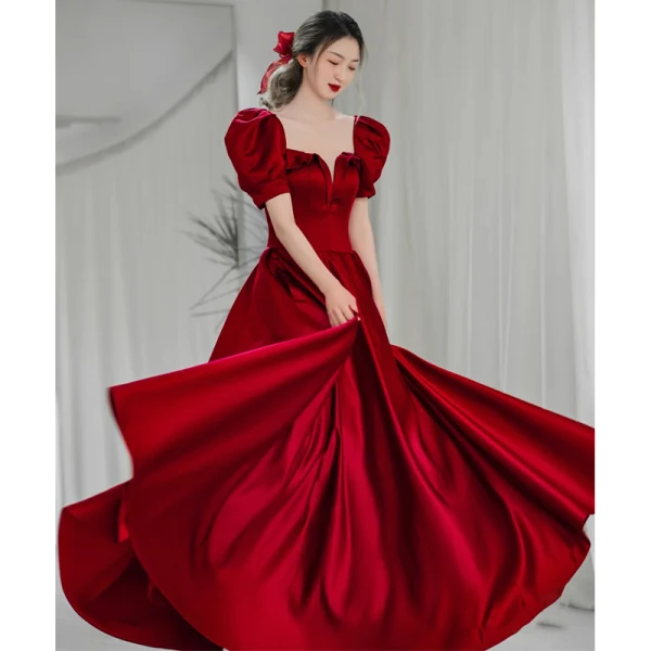 Vintage / Retro Sky Blue Satin Prom Dresses 2021 A-Line / Princess Square Neckline Short Sleeve Backless Beading Bow Floor-Length / Long Prom Formal Dresses