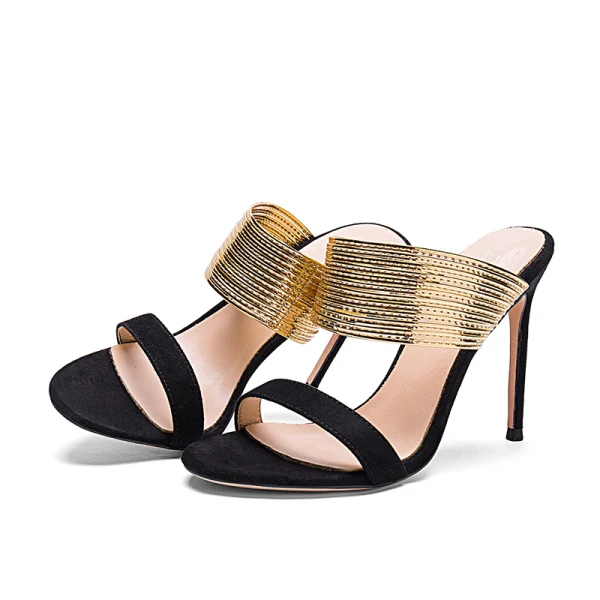 Modest / Simple Summer Black Gold Womens Sandals 2018 Casual Suede Leather 10 cm Stiletto Heels Open / Peep Toe High Heels