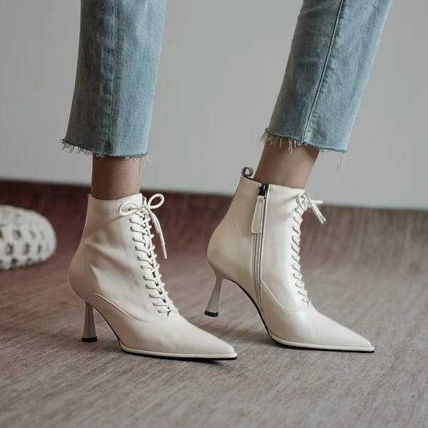 Fashion Winter Beige Street Wear Womens Boots 2020 Leather 7 cm Stiletto Heels Pointed Toe Boots