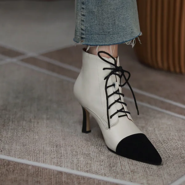 Chic / Beautiful Beige Casual Two Tone Womens Boots 2020 Leather 8 cm Stiletto Heels Pointed Toe Boots