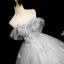 Elegant Grey Beading Sequins Appliques Tassel Prom Dresses 2025 Ball Gown Off-The-Shoulder Short Sleeve Backless Floor-Length / Long Tulle Formal Dresses