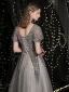Scintillantes Gris Paillettes Robe De Bal 2021 Princesse Encolure Carrée Manches Courtes Dos Nu Longue Promo Robe De Ceremonie