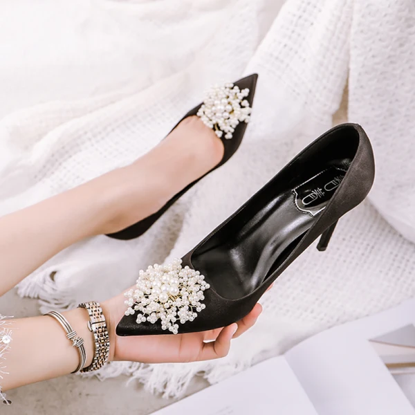 Élégant Rouge Perle Chaussure De Mariée 2020 Cuir 9 cm Talons Aiguilles À Bout Pointu Mariage Escarpins