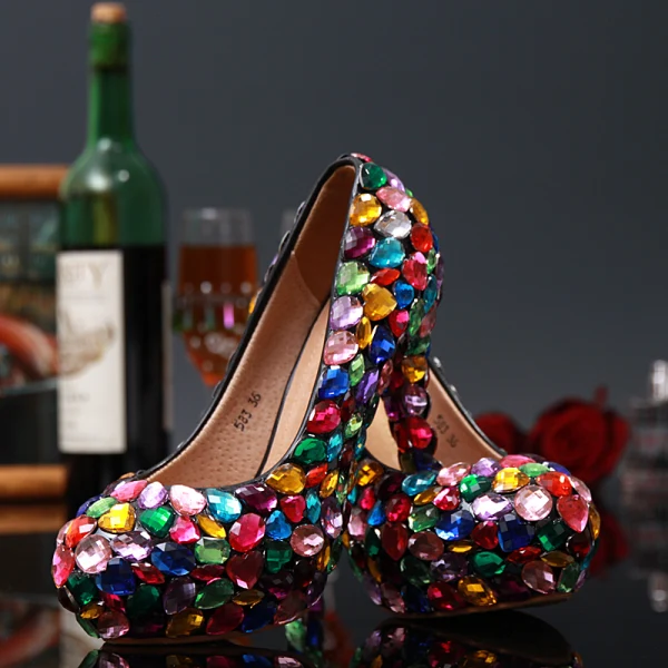 Sexy Multi-Colors Crystal Rhinestone Rave Club Pumps 2020 Leather Waterproof 14 cm Stiletto Heels Pointed Toe Pumps
