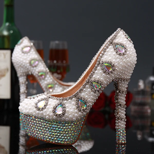 Charming Chic / Beautiful Ivory Pearl Crystal Wedding Shoes 2020 Rhinestone Leather Waterproof 14 cm Stiletto Heels Pointed Toe Wedding Pumps