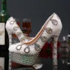 Charming Chic / Beautiful Ivory Pearl Crystal Wedding Shoes 2020 Rhinestone Leather Waterproof 14 cm Stiletto Heels Pointed Toe Wedding Pumps