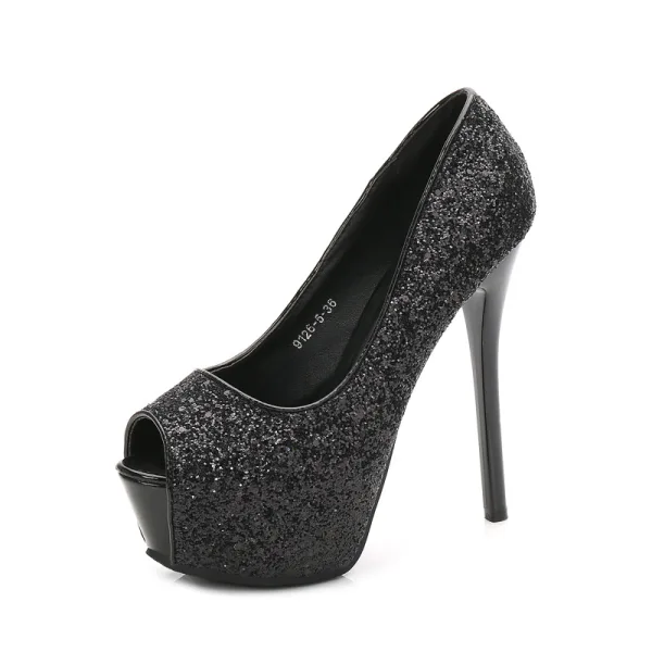 Fashion Black Rave Club Sequins Womens Shoes 2021 14 cm Stiletto Heels Open / Peep Toe High Heels