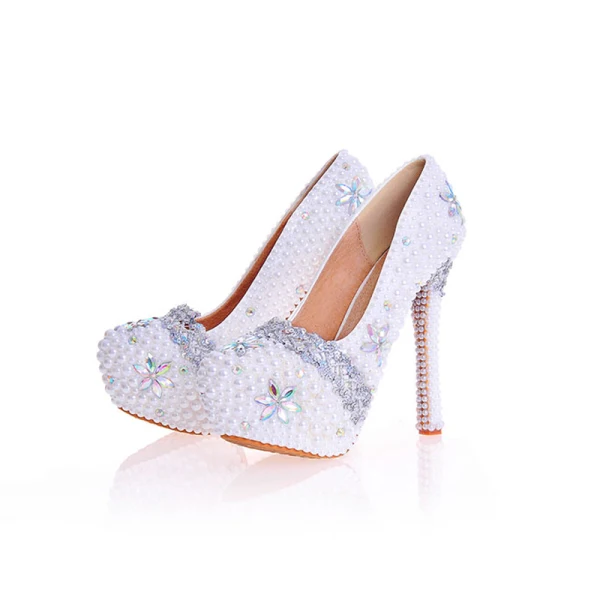 Charming Ivory Pearl Rhinestone Wedding Shoes 2020 Leather Waterproof 14 cm Stiletto Heels Pointed Toe Wedding Pumps
