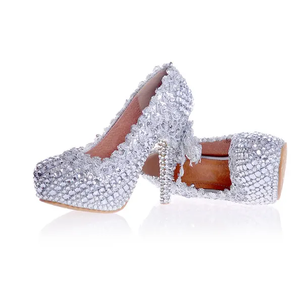 Charming Silver Rhinestone Wedding Shoes 2020 Leather Waterproof 12 cm Stiletto Heels Pointed Toe Wedding Pumps