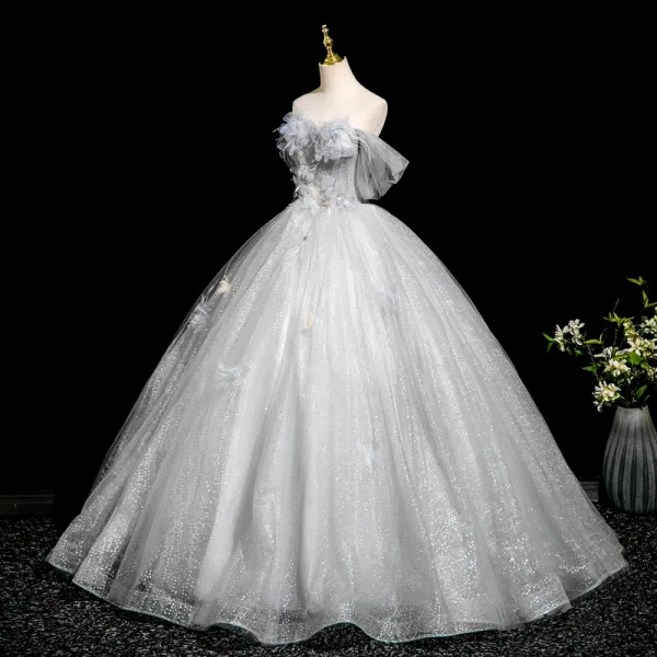 Elegant Grey Beading Sequins Appliques Tassel Prom Dresses 2025 Ball Gown Off-The-Shoulder Short Sleeve Backless Floor-Length / Long Tulle Formal Dresses