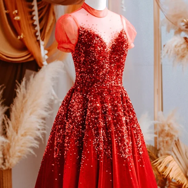 Vintage / Retro Red Sequins Prom Dresses 2021 A-Line / Princess Scoop Neck Short Sleeve Floor-Length / Long Prom Formal Dresses