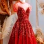 Vintage / Retro Red Sequins Prom Dresses 2021 A-Line / Princess Scoop Neck Short Sleeve Floor-Length / Long Prom Formal Dresses