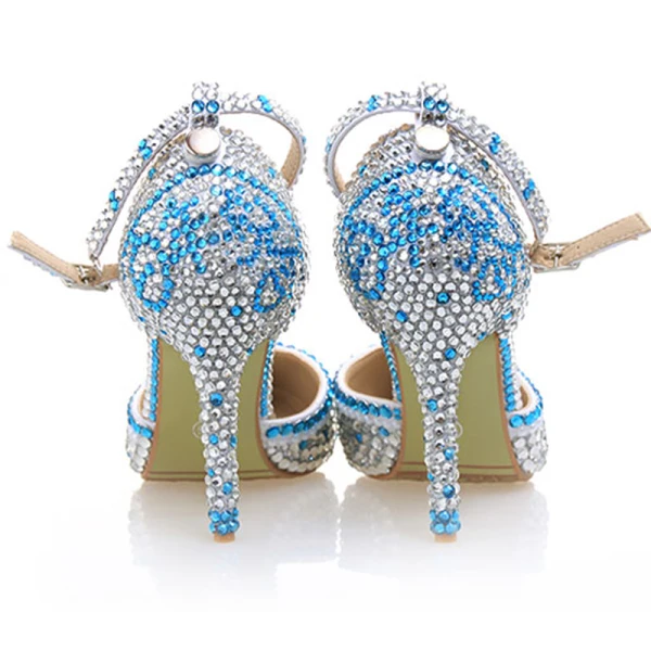Sexy Silver Evening Party Rhinestone Womens Sandals 2020 Ankle Strap 10 cm Stiletto Heels Pointed Toe Sandals