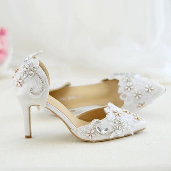Elegant White Lace Flower Wedding Shoes 2020 Rhinestone 8 cm Stiletto Heels Pointed Toe Wedding Heels