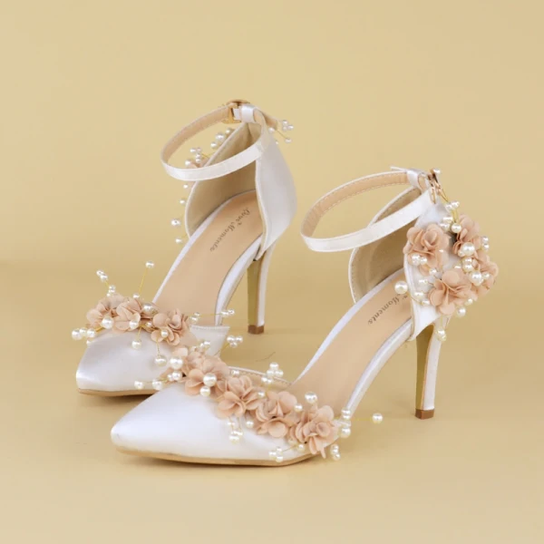 Edles Weiß Brautschuhe 2020 Perle Blumen Knöchelriemen 8 cm Stilettos Spitzschuh Hochzeit High Heels