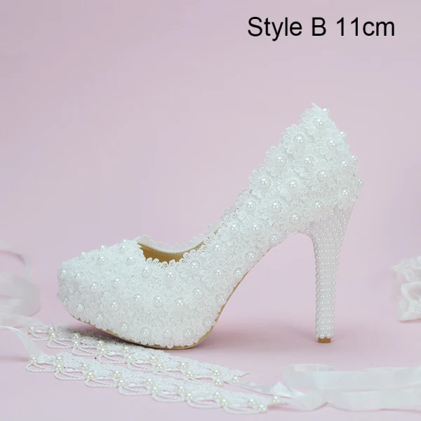Classic Ivory Lace Flower Wedding Shoes 2020 Pearl 14 cm Stiletto Heels Round Toe Wedding Pumps