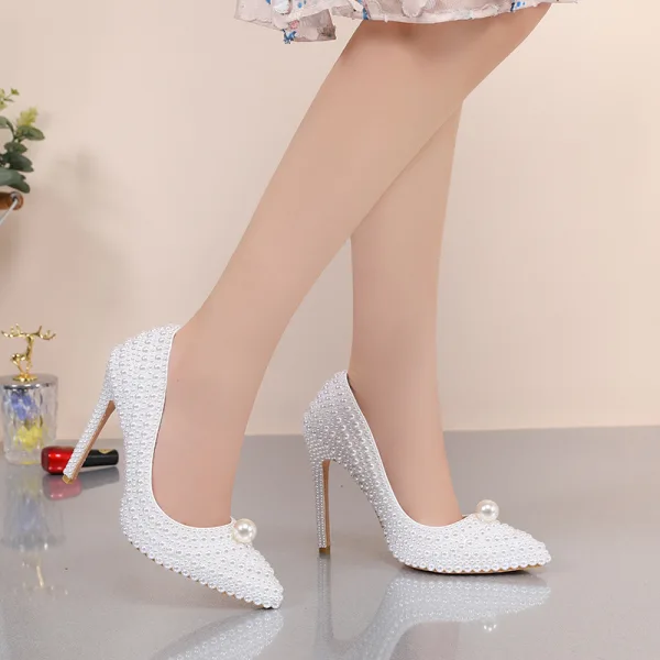Charming Ivory Handmade Pearl Wedding Shoes 2020 11 cm Stiletto Heels Pointed Toe Wedding Pumps