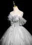 Elegant Grey Beading Sequins Appliques Tassel Prom Dresses 2025 Ball Gown Off-The-Shoulder Short Sleeve Backless Floor-Length / Long Tulle Formal Dresses