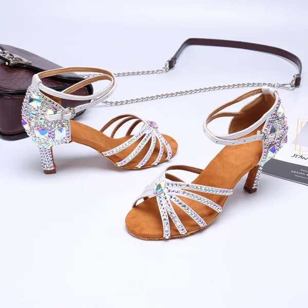 Sexy Charming White Rhinestone Latin Dance Shoes 2020 Ankle Strap 8 cm Stiletto Heels Open / Peep Toe Dancing Sandals