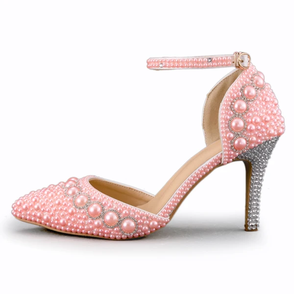 Charmant Ivoire Perle Chaussure De Mariée 2020 Bride Cheville 8 cm Talons Aiguilles À Bout Pointu Mariage Talons
