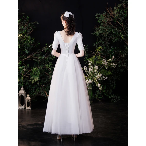 Schlicht Elegante Ivory / Creme Satin Brautkleider / Hochzeitskleider 2021 A Linie Perle Eckiger Ausschnitt 1/2 Ärmel Rückenfreies Schleife Lange Hochzeit