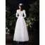 Schlicht Elegante Ivory / Creme Satin Brautkleider / Hochzeitskleider 2021 A Linie Perle Eckiger Ausschnitt 1/2 Ärmel Rückenfreies Schleife Lange Hochzeit