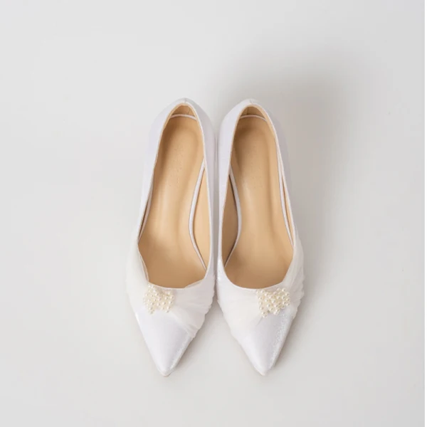 Elegant Ivory Bridesmaid Pearl Pumps 2020 Satin 7 cm Stiletto Heels Pointed Toe Pumps