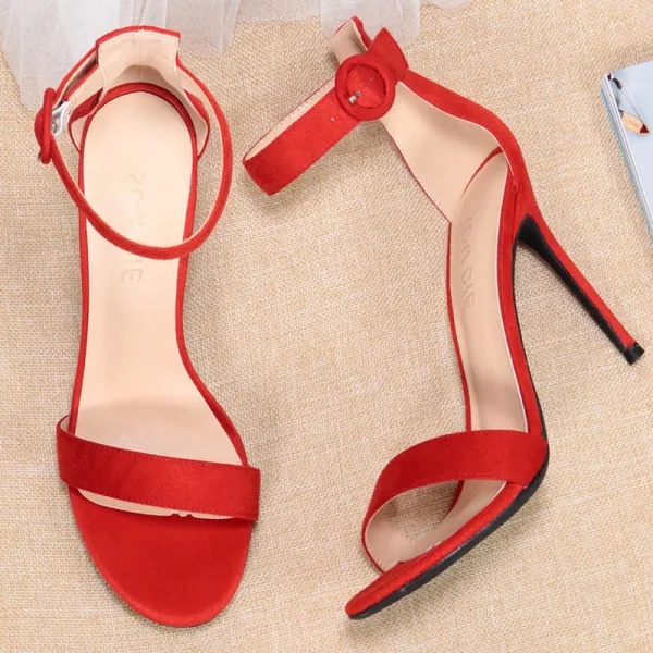 Schlicht Rot Abend Wildleder Sandalen Damen 2020 Knöchelriemen 10 cm Stilettos Peeptoes Sandaletten