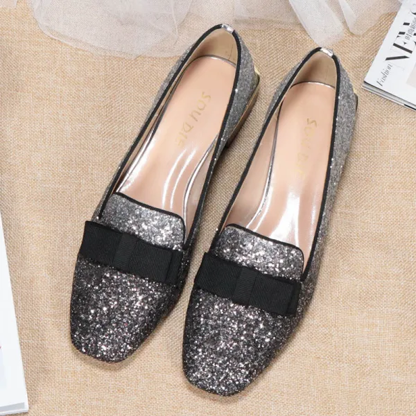 Fashion Silver Black Street Wear Sequins Pumps 2020 Bow 3 cm Thick Heels Low Heel Pointed Toe Pumps