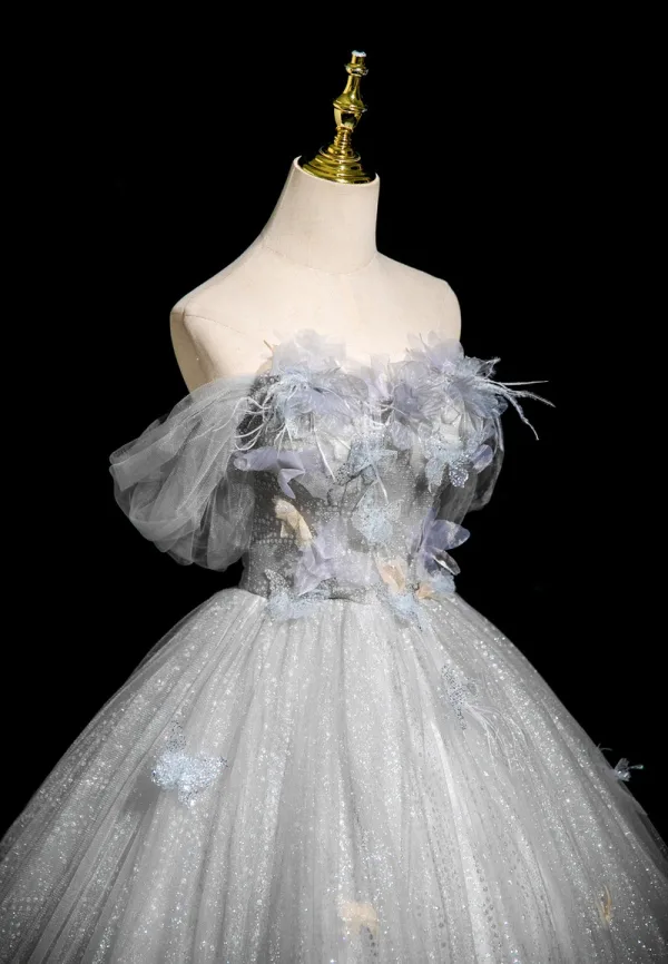 Elegant Grey Beading Sequins Appliques Tassel Prom Dresses 2025 Ball Gown Off-The-Shoulder Short Sleeve Backless Floor-Length / Long Tulle Formal Dresses