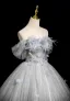 Elegant Grey Beading Sequins Appliques Tassel Prom Dresses 2025 Ball Gown Off-The-Shoulder Short Sleeve Backless Floor-Length / Long Tulle Formal Dresses
