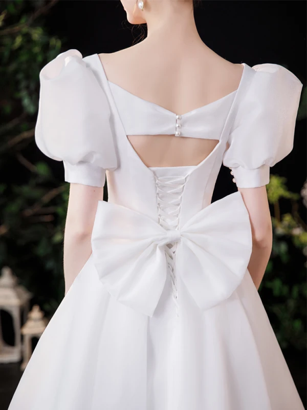 Vintage Schlicht Ivory / Creme Satin Brautkleider / Hochzeitskleider 2021 A Linie Eckiger Ausschnitt Kurze Ärmel Rückenfreies Schleife Wadenlang Hochzeit