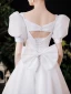 Vintage Schlicht Ivory / Creme Satin Brautkleider / Hochzeitskleider 2021 A Linie Eckiger Ausschnitt Kurze Ärmel Rückenfreies Schleife Wadenlang Hochzeit
