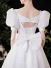 Vintage / Retro Modest / Simple Ivory Satin Wedding Dresses 2021 A-Line / Princess Square Neckline Short Sleeve Backless Bow Tea-length Wedding