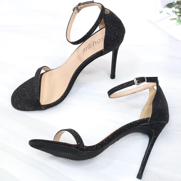 Sexy Gold Glitter Evening Party Womens Sandals 2020 Ankle Strap Sequins 10 cm Stiletto Heels Pointed Toe Sandals