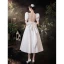 Schlicht Vintage Ivory / Creme Satin Brautkleider / Hochzeitskleider 2021 A Linie Eckiger Ausschnitt Kurze Ärmel Rückenfreies Schleife Wadenlang Hochzeit