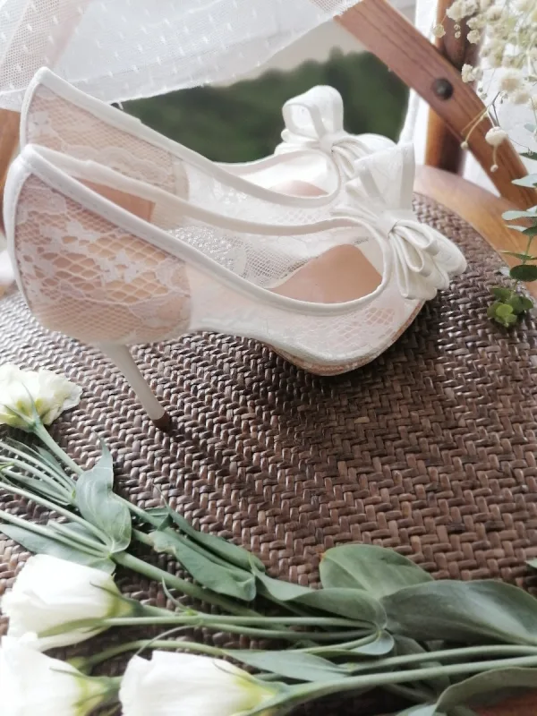 Élégant Blanche En Dentelle Fleur Noeud Chaussure De Mariée 2020 8 cm Talons Aiguilles À Bout Pointu Mariage Escarpins