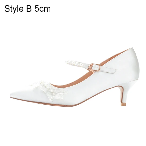 Elegant White Satin Wedding Shoes 2020 Pearl Lace Flower 7 cm Stiletto Heels Pointed Toe Wedding Pumps