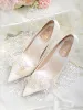 Elegant Ivory Satin Wedding Shoes 2020 Pearl Lace Flower 10 cm Stiletto Heels Pointed Toe Wedding Pumps