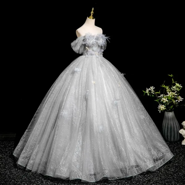 Elegant Grey Beading Sequins Appliques Tassel Prom Dresses 2025 Ball Gown Off-The-Shoulder Short Sleeve Backless Floor-Length / Long Tulle Formal Dresses