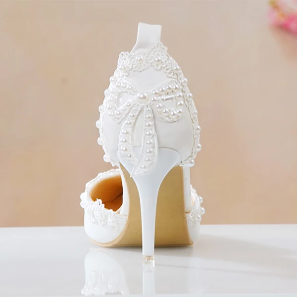 Modern / Fashion White Wedding Shoes 2018 Ankle Strap Pearl Bow 9 cm Stiletto Heels Pointed Toe Wedding Pumps