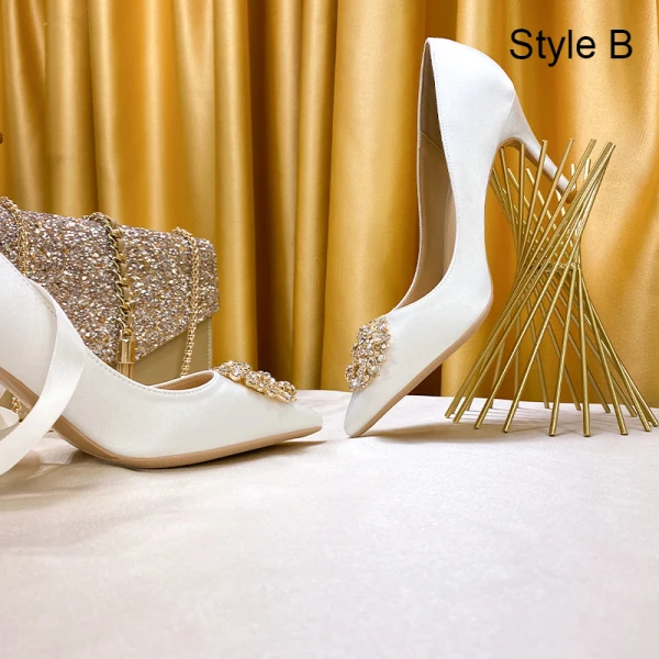 Chic / Beautiful Ivory Satin Wedding Shoes 2020 Pearl 8 cm Stiletto Heels Pointed Toe Wedding Pumps