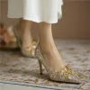 Charming Champagne Crystal Wedding Shoes 2020 Leather Rhinestone 8 cm Stiletto Heels Pointed Toe Wedding Pumps