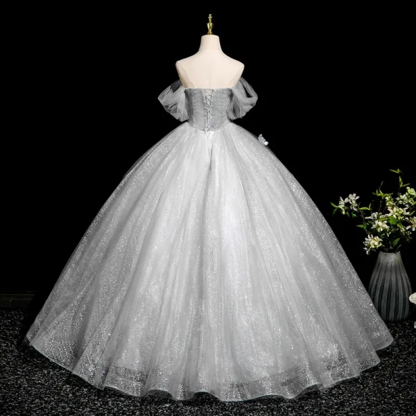 Elegant Grey Beading Sequins Appliques Tassel Prom Dresses 2025 Ball Gown Off-The-Shoulder Short Sleeve Backless Floor-Length / Long Tulle Formal Dresses