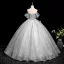 Elegant Grey Beading Sequins Appliques Tassel Prom Dresses 2025 Ball Gown Off-The-Shoulder Short Sleeve Backless Floor-Length / Long Tulle Formal Dresses