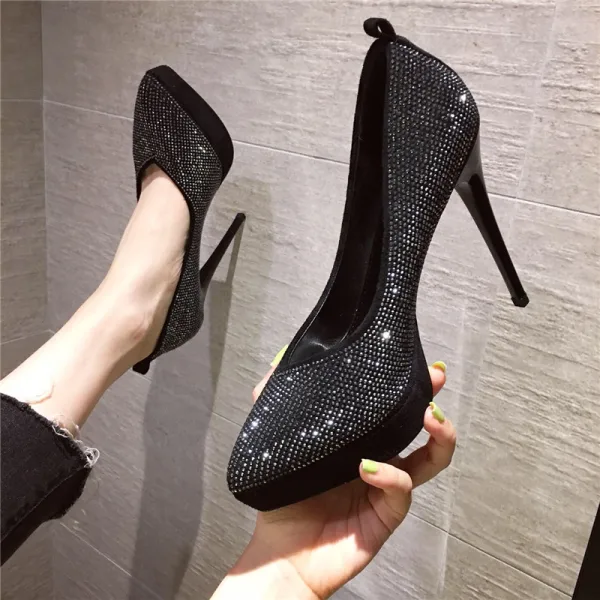 Sexy Black Rave Club Rhinestone Pumps 2020 12 cm Stiletto Heels Pointed Toe Pumps