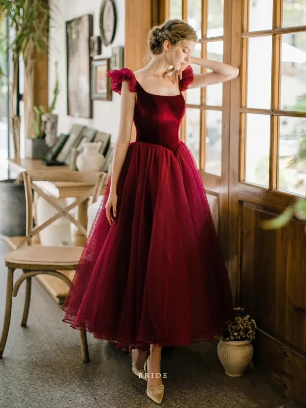 Vintage / Retro Blushing Pink Suede Prom Dresses 2021 A-Line / Princess U-Neck Short Sleeve Tea-length Prom Formal Dresses