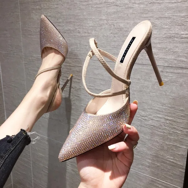 Sexy Black Evening Party Rhinestone Slingbacks Womens Sandals 2020 8 cm Stiletto Heels Pointed Toe Sandals