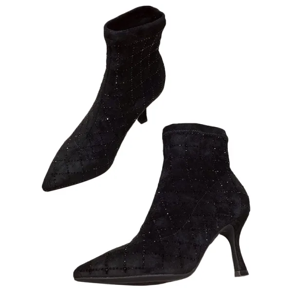 Fashion Black Street Wear Rhinestone Womens Boots 2020 Ankle 6 cm Stiletto Heels Pointed Toe Boots